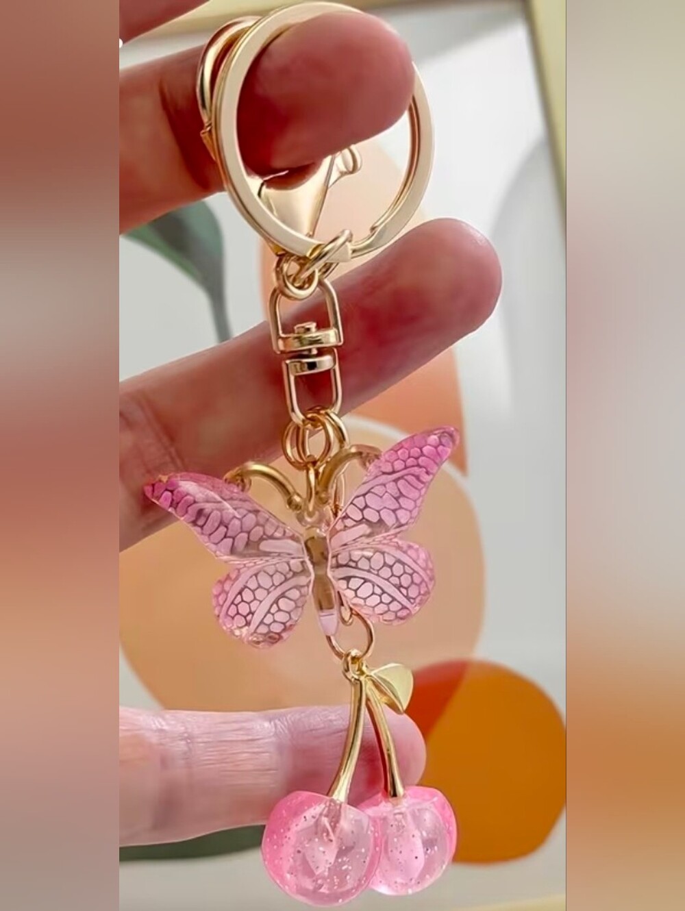 Gold-Tone Cherry Keychain Bag Charm Pink Butterfly